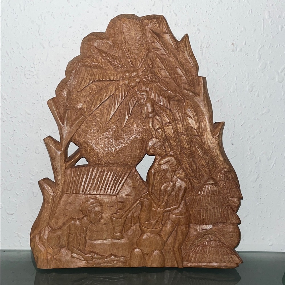 Source Unknown Brown Hand-Carved Tropical Village Wood Wall Art